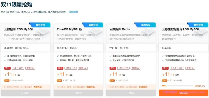 阿里云双11数据库会场：MySQL/Redis限量抢购11.11元/年,爆款规格6.5折起(图2)