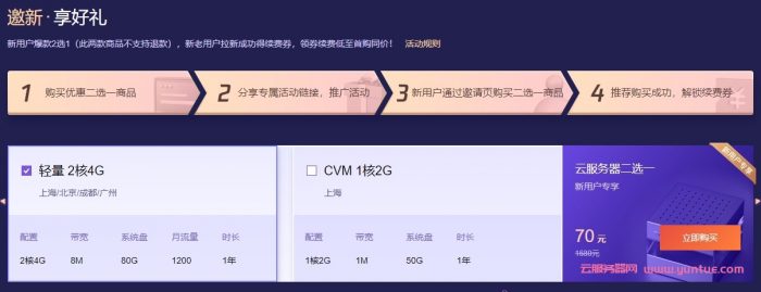 腾讯云双十一：2核/4G/8Mbps/年付70元;满额10%返现,爆款1核/2G套餐年付58元(图2)