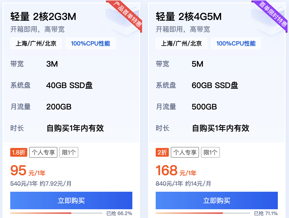 腾讯云轻量服务器2核2G3M性能详细测评（带宽、系统盘、流量）