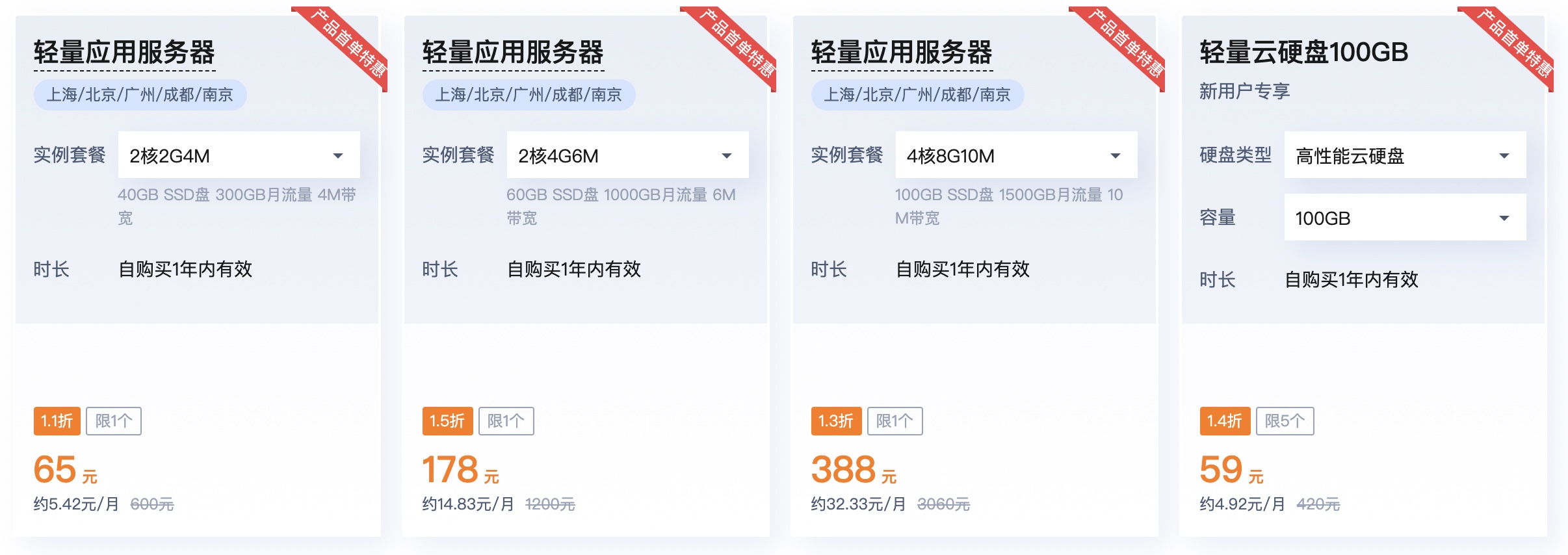 腾讯云：4M 2核 2G的轻量应用服务器， 特惠65元/年