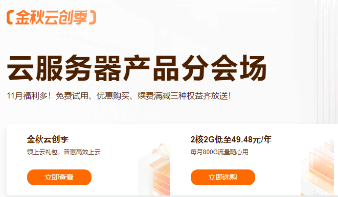 阿里云双十一服务器2核2G低至49.48元/年 每月800G流量(图1)