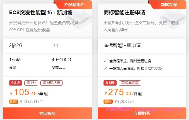 阿里云新加坡vps：云服务器ecs突发性能型t6 2核2G仅105.4元/年(图1)